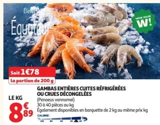 Gambas Entières Cuites Réfrigérées ou Crues Décongelées