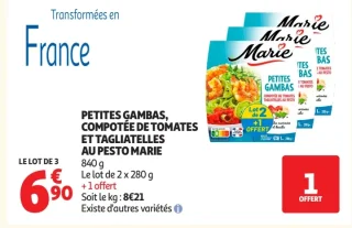 Petites Gambas, Compotée de Tomates et Tagliatelles au Pesto Marie