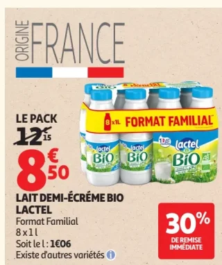 Lait demi-écrémé bio Lactel