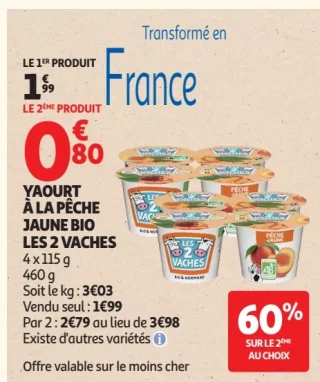 Yaourt à la pêche jaune bio Les 2 Vaches