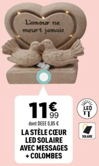 La stèle cœur LED solaire avec messages + colombes