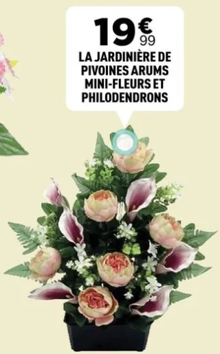La jardinière de pivoines arums mini-fleurs et philodendrons