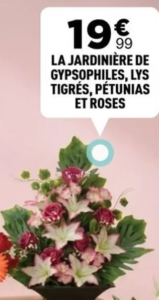 LA JARDINIÈRE DE GYPSOPHILES, LYS TIGRÉS, PÉTUNIAS ET ROSES