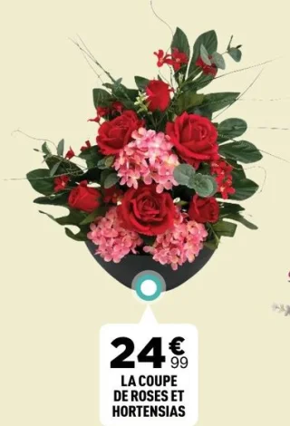 La coupe de roses et hortensias