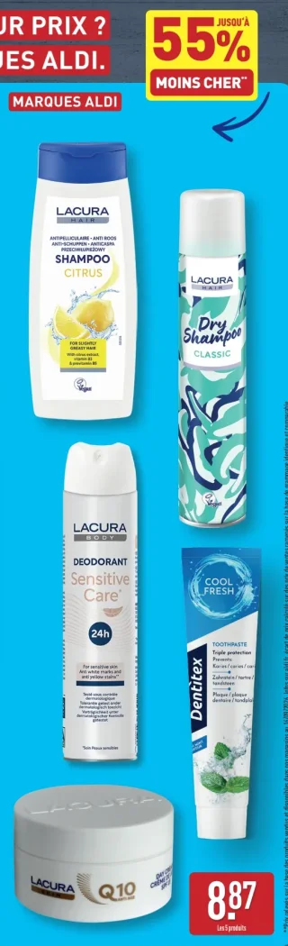 Sélection de 5 produits Marques ALDI (Lacura, Dentitex)