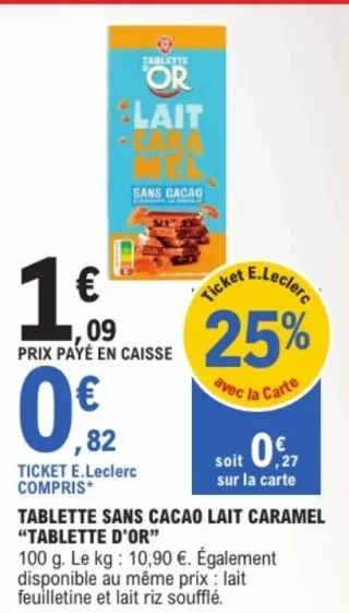 Tablette de Chocolat Sans Cacao Lait Caramel Tablette d'Or