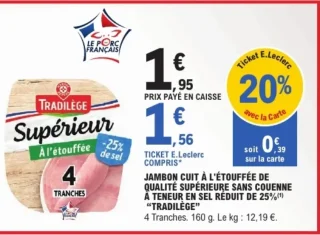 Jambon cuit à l'étouffée de qualité supérieure sans couenne à teneur en sel réduit de 25% Tradilège