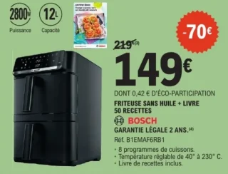 Friteuse sans huile + livre 50 recettes Bosch B1EMAF6RB1