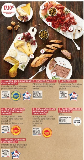 Le plateau mixte pour 6 personnes (Jambon sec d'Auvergne IGP 12 mois, Chorizo doux, Rosette, Comté AOP Cuivre 18 mois d'affinage Vagne, Rocamadour AOP Intermarché Terroirs, Pain campagnard Terroirs, Pâté de campagne supérieur)