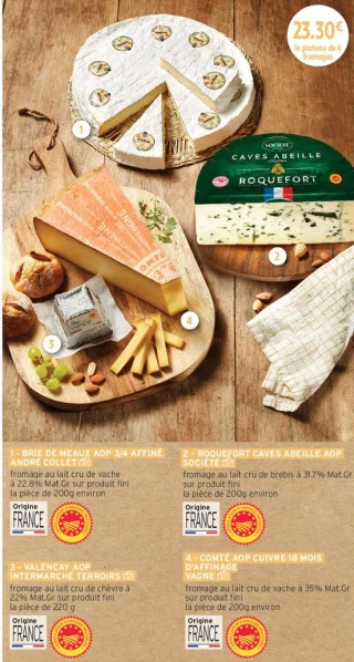 Plateau de 4 fromages (Brie de Meaux AOP André Collet, Roquefort Caves Abeille AOP Société, Valençay AOP Intermarché Terroirs, Comté AOP Cuivre 18 mois d'affinage Vagne)