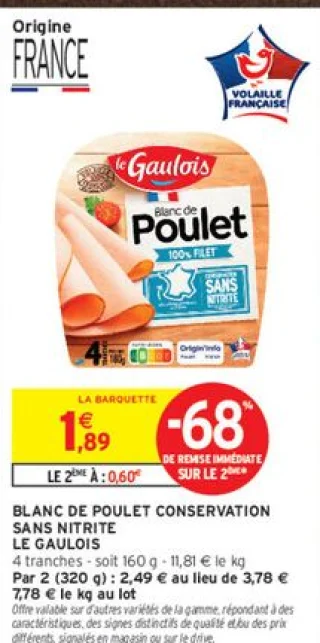 Blanc de poulet conservation sans nitrite Le Gaulois