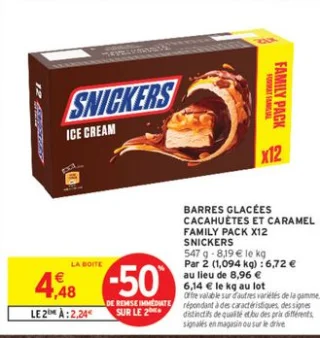 Barres glacées cacahuètes et caramel Family Pack x12 Snickers