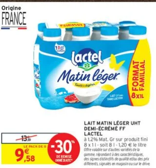 Lait Matin Léger UHT Demi-Écrémé FF Lactel