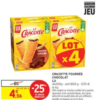 Cracotte Fourrée Chocolat LU Lot x4
