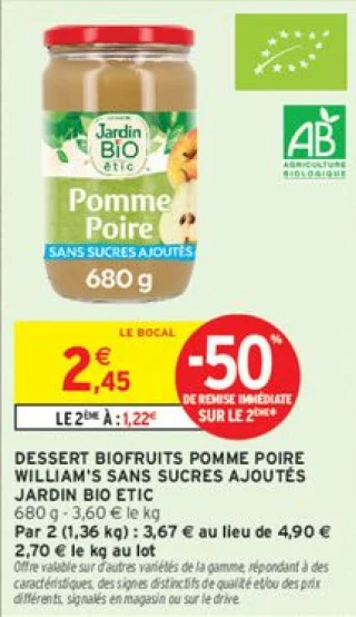 Dessert biofruits pomme poire William's sans sucres ajoutés Jardin Bio Étic