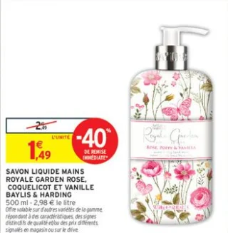Savon Liquide Mains Royale Garden Rose, Coquelicot et Vanille Baylis & Harding