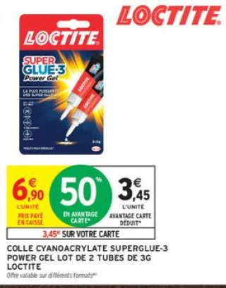 COLLE CYANOACRYLATE SUPERGLUE-3 POWER GEL LOT DE 2 TUBES DE 3G LOCTITE