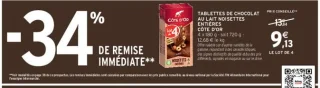 Tablettes de chocolat au lait noisettes entières Côte d'Or