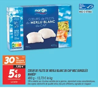 Coeur de filets de merlu blanc du cap msc surgelés 
