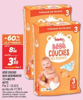 Bébé couches maxi absorbantes t3 4-9kg x70