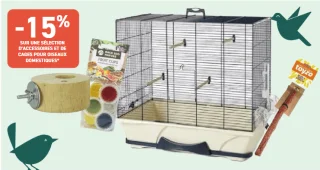 Sélection d'accessoires et de cages pour oiseaux domestiques