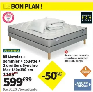 Simmons Ensemble 1 Matelas + sommier + couette + 2 oreillers Synchro Max 140x190 cm