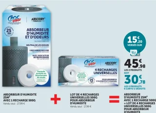 Absorbeur d'humidité 25m² avec 1 recharge 500g + Lot de 4 recharges universelles 500g pour absorbeur d'humidité Croc Odor Absodry