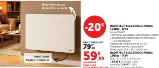 Radiateur électrique mural 1000W - IP24