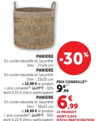 Panière en corde naturelle et jacynthe 27x26 cm