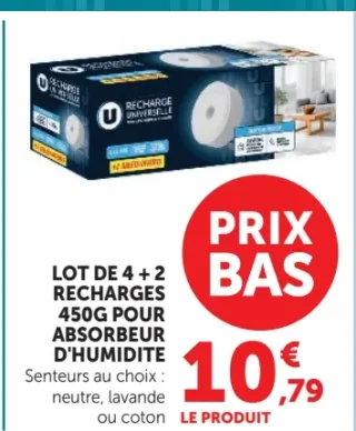 Lot de 4 + 2 recharges 450g pour absorbeur d'humidité U