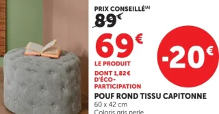 POUF ROND TISSU CAPITONNE 60 x 42 cm