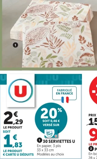 30 Serviettes U En papier, 3 plis 33 x 33 cm