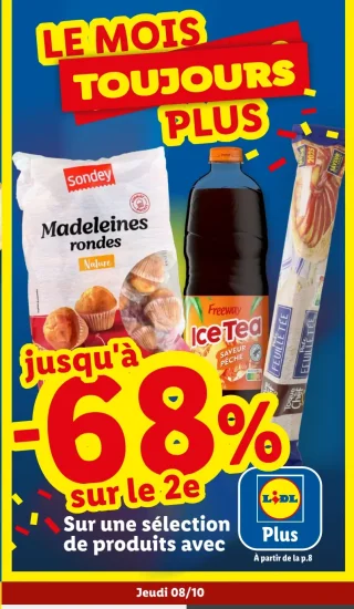 Sélection de produits Lidl Plus (Sondy Madeleines rondes, Freeway Ice Tea, Toque du Chef Pâte Feuilletée)