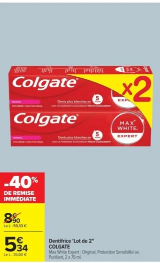Dentifrice 'Lot de 2' COLGATE Max White Expert : Original, Protection Sensibilité ou Purifiant, 2 x 75 ml