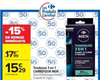 Tondeuse 3 en 1 CARREFOUR MEN Pour corps/visage/cheveux, 3 sabots et 1 lame