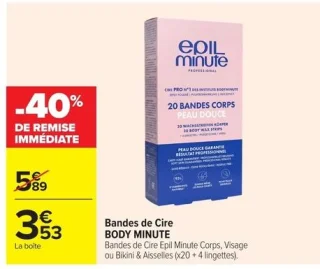 Bandes de Cire Epil Minute Corps, Visage ou Bikini & Aisselles