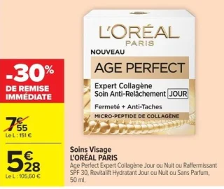 Soins Visage L'ORÉAL PARIS Age Perfect Expert Collagène Jour ou Nuit ou Raffermissant SPF 30, Revitalift Hydratant Jour ou Nuit ou Sans Parfum, 50 ml.