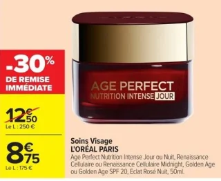 Soins Visage L'ORÉAL PARIS Age Perfect Nutrition Intense Jour ou Nuit, Renaissance Cellulaire ou Renaissance Cellulaire Midnight, Golden Age ou Golden Age SPF 20, Eclat Rosé Nuit, 50ml.