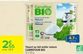 Yaourt au lait entier nature CARREFOUR BIO