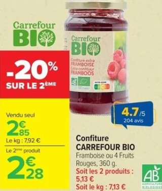 Confiture CARREFOUR BIO Framboise ou 4 Fruits Rouges