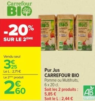 Pur Jus CARREFOUR BIO Pomme ou Multifruits