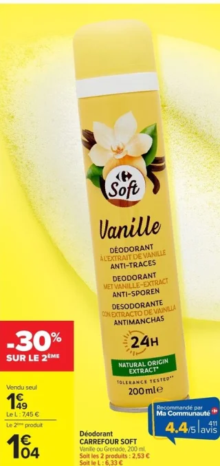 Déodorant Vanille ou Grenade Carrefour Soft