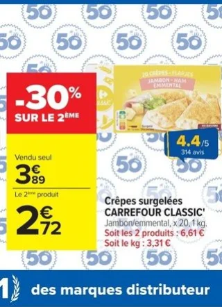 Crêpes surgelées CARREFOUR CLASSIC' Jambon/emmental