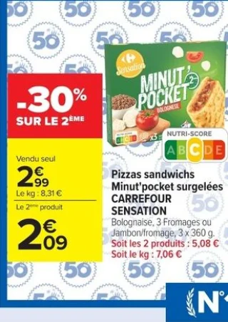 Pizzas sandwichs Minut'pocket surgelées CARREFOUR SENSATION