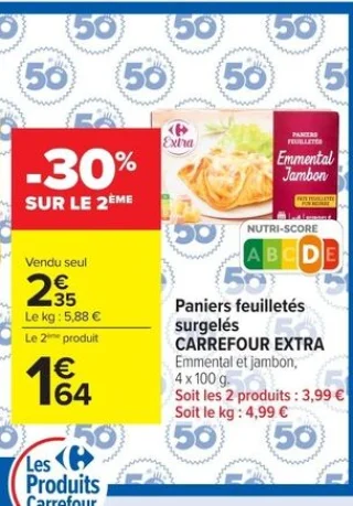 Paniers feuilletés surgelés CARREFOUR EXTRA Emmental et jambon