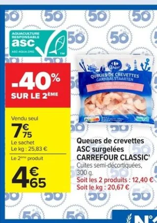 Queues de crevettes ASC surgelées CARREFOUR CLASSIC'