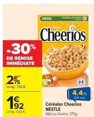 Céréales Cheerios NESTLE Miel ou Avoine
