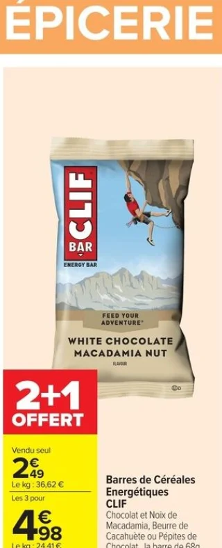 Barres de Céréales Énergétiques CLIF Chocolat et Noix de Macadamia, Beurre de Cacahuète ou Pépites de Chocolat