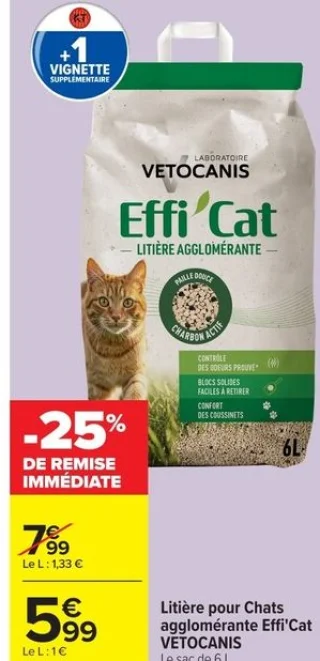 Litière pour Chats agglomérante Effi'Cat VETOCANIS
