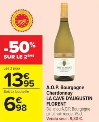A.O.P. Bourgogne Chardonnay LA CAVE D'AUGUSTIN FLORENT Blanc ou A.O.P. Bourgogne pinot noir rouge, 75 cl.